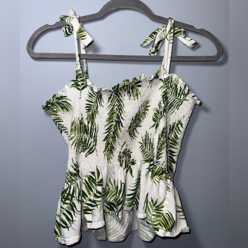 H&M Tropical Leaves Ruched Tie Strap Peplum Top size Large EUC